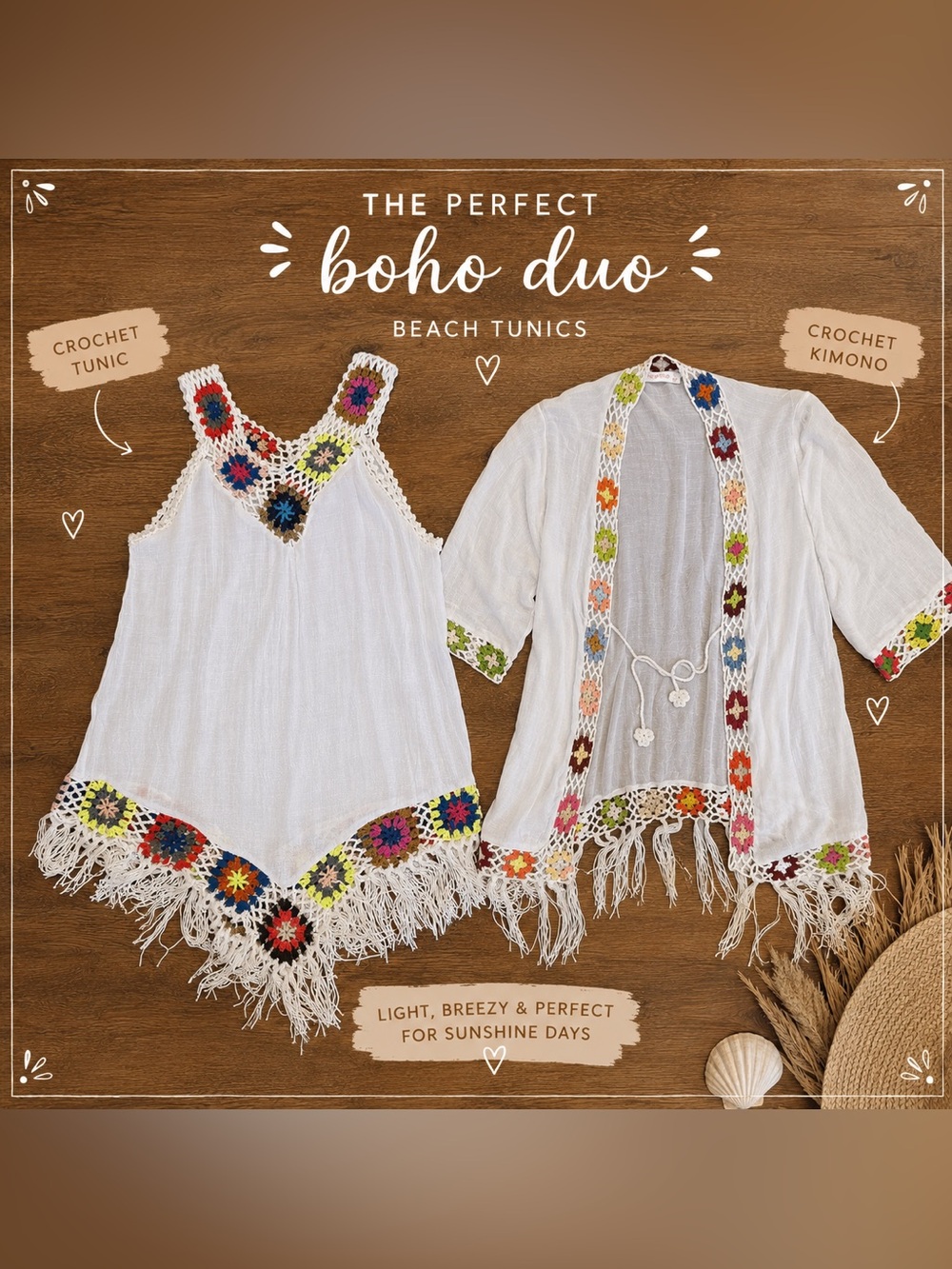 🌞Boho Beach Duo Set🌞 Ana&Rose XL Kimono + Matching Crotchet Trim beach Tunic